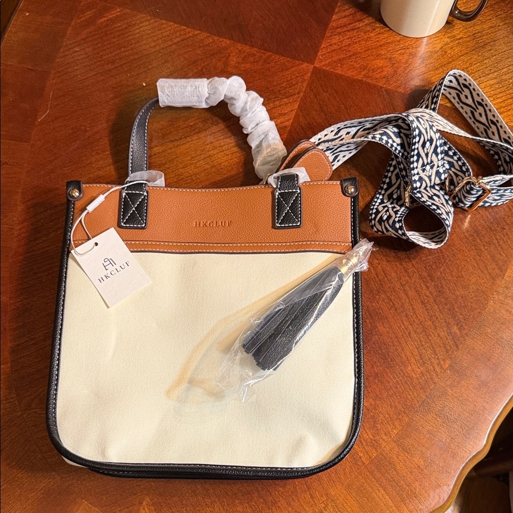 HKCLUF Tan and Cream Tote Bag